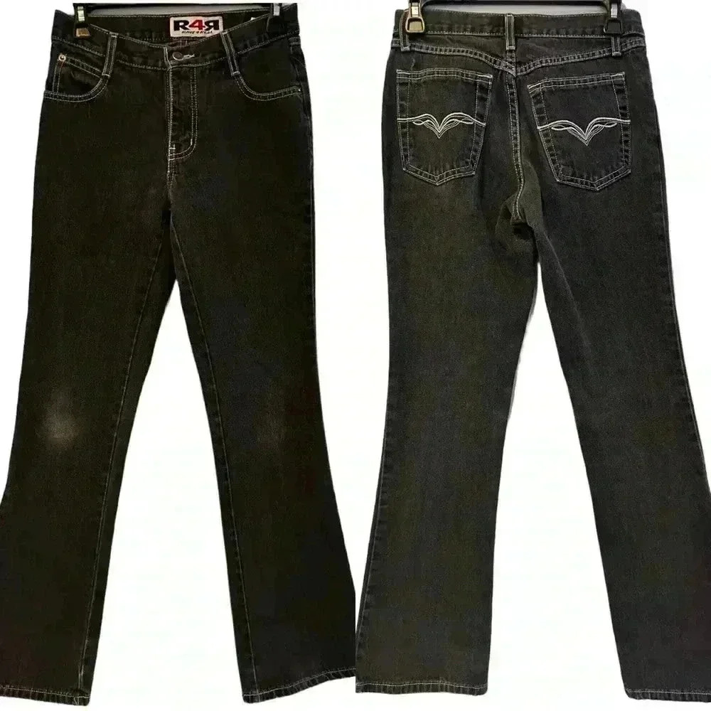 Y2K Vintage Rave 4 Real Black Flare Jeans Angel Wing Embroidery, Size 1